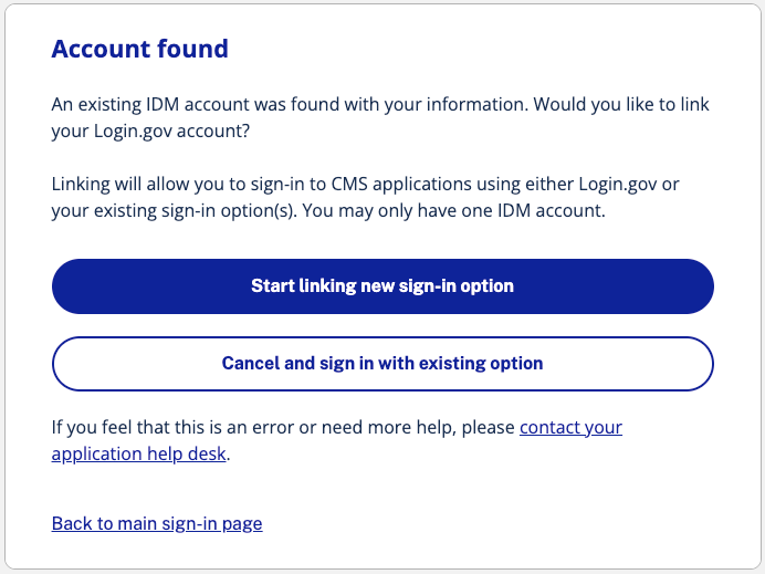 CMS Account Found screen with Start linking new sign-in option