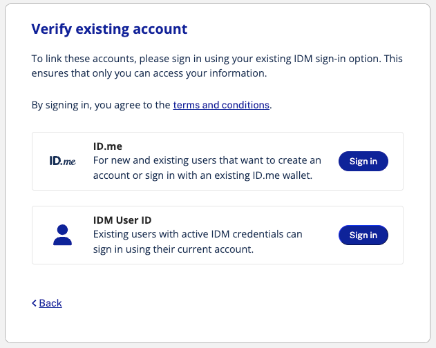 Verify existing CMS IDM account screen