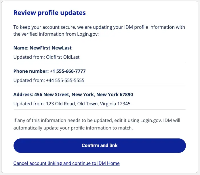 Review CMS profile updates and confirm account linking